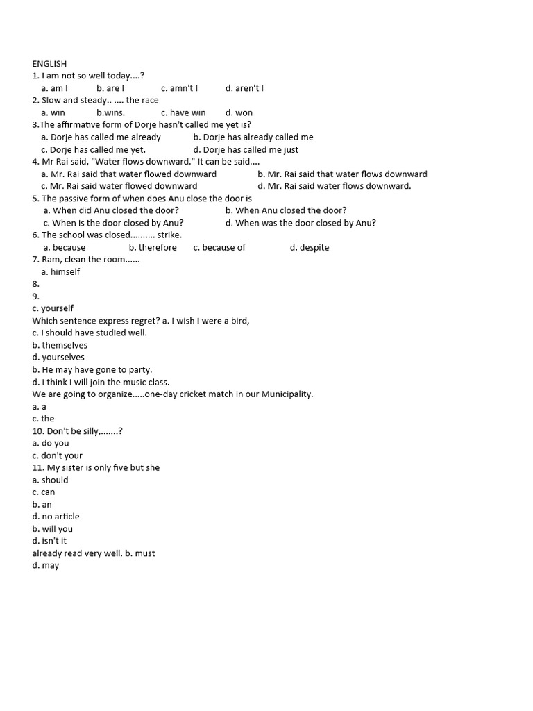 English Grammar Quiz Questions | PDF | Language Arts & Discipline