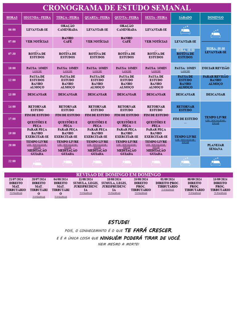 Cronograma Semanal de Estudos | PDF