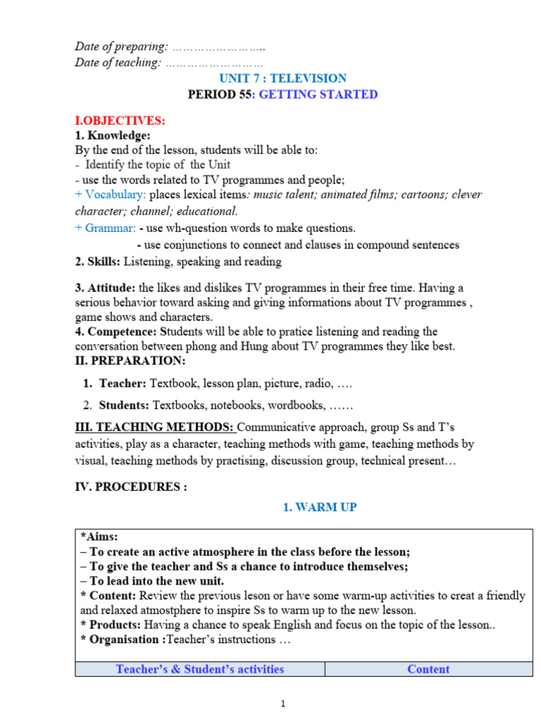 TV Program Vocabulary and Skills Lesson | PDF | Teaching Method | Question