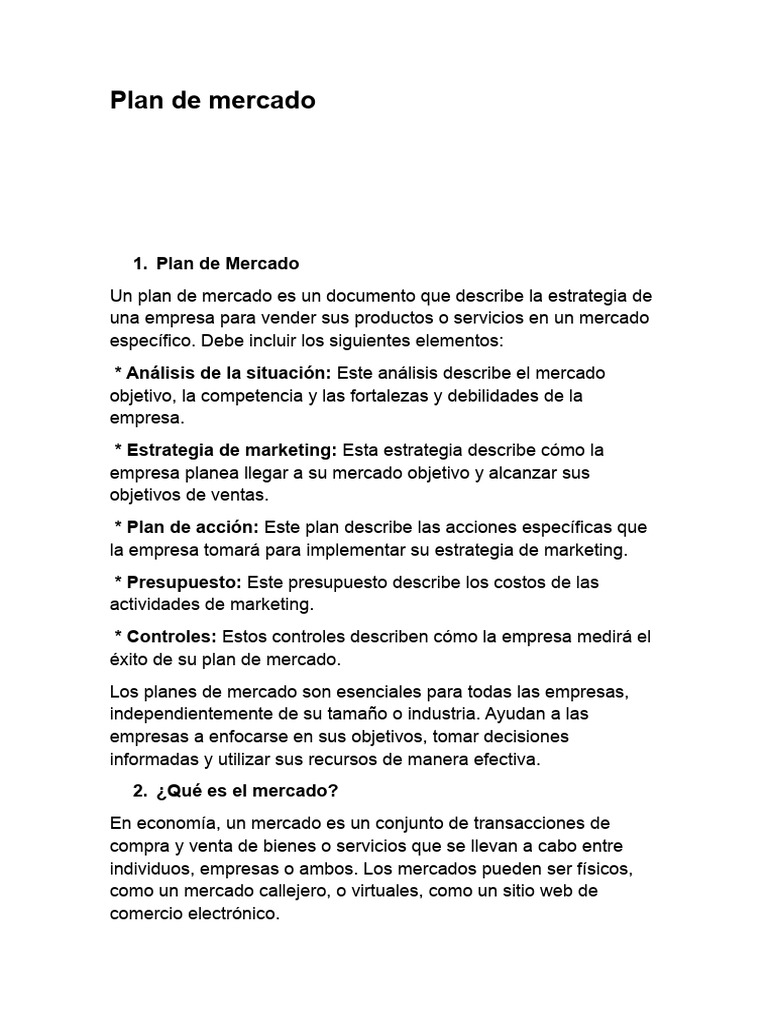 Plan de Mercado | Descargar gratis PDF | Mercado (economía) | Marketing