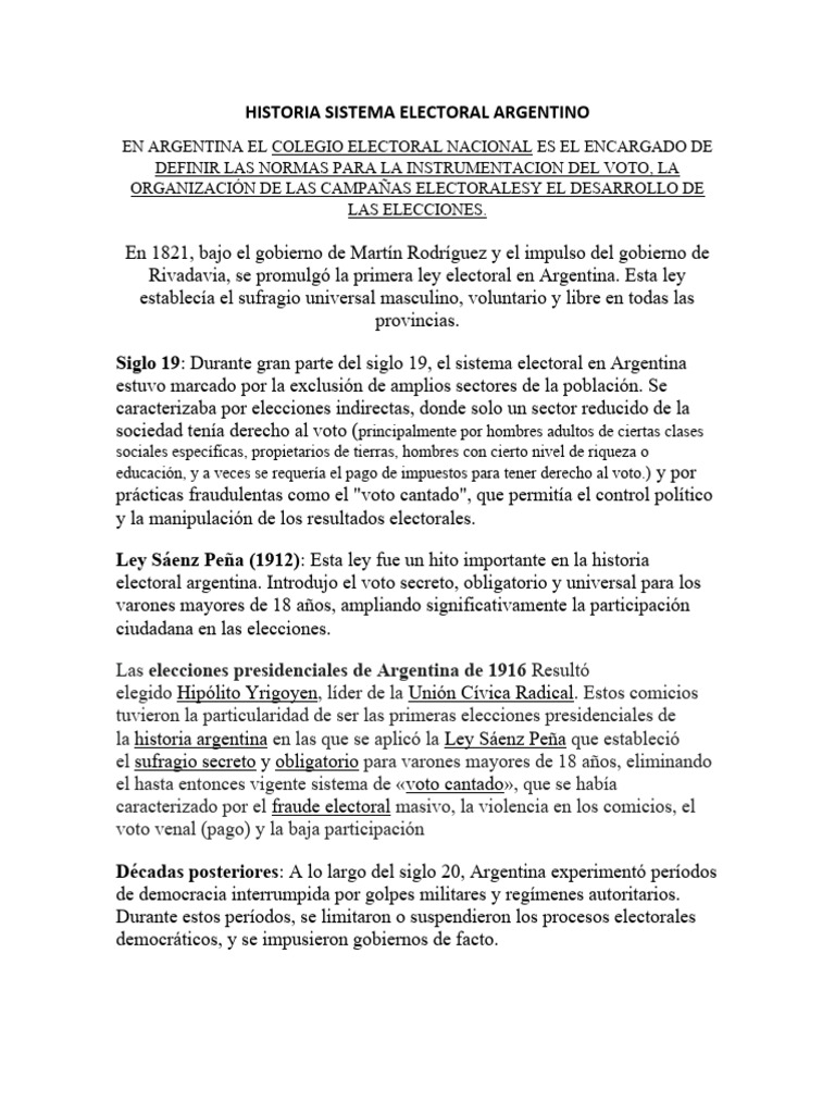 Historia Sistema Electoral Argentino Abi Pdf Votación Elecciones