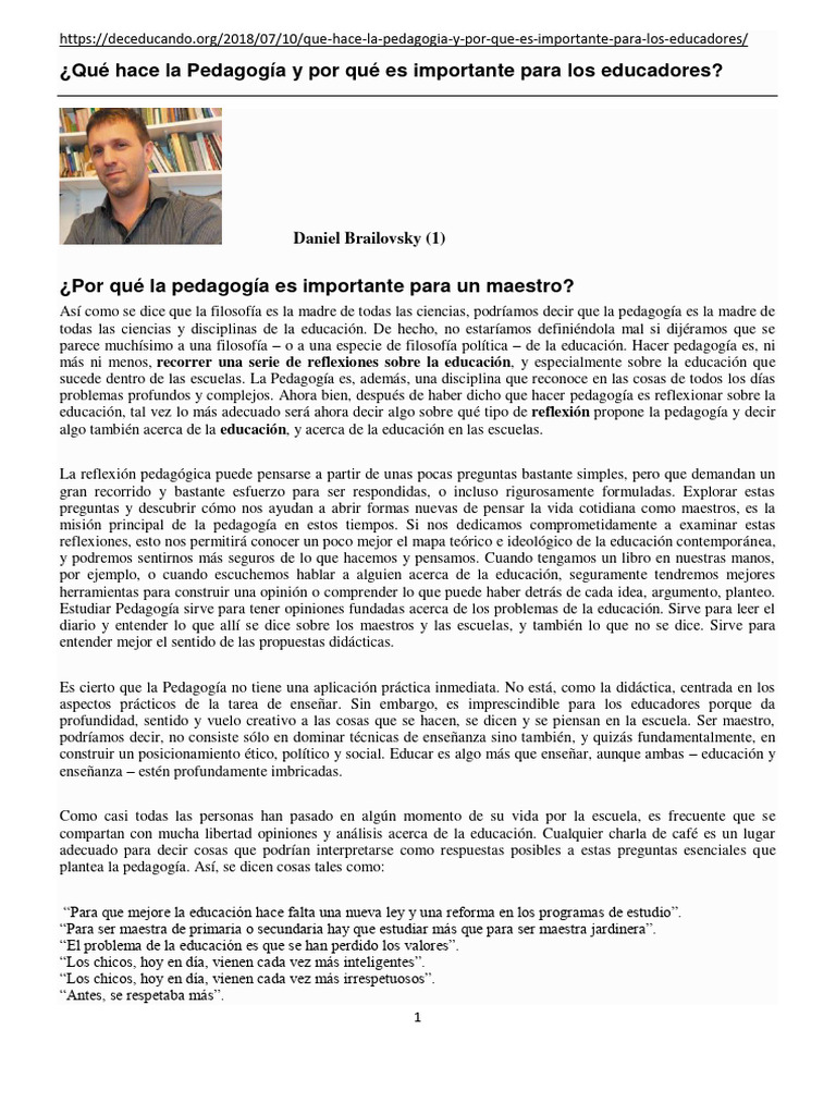 Importancia de la Pedagogía según Brailovsky | PDF | Pensamiento | Escuelas