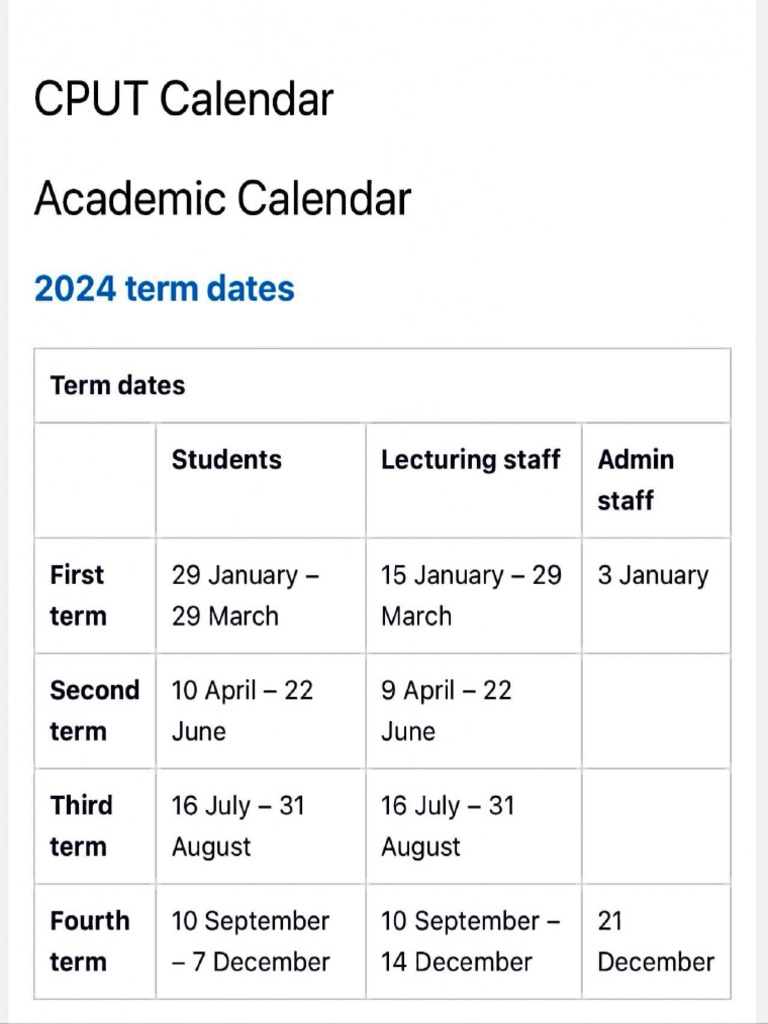 Cput Academic Calendar 2025 Pdf Download 