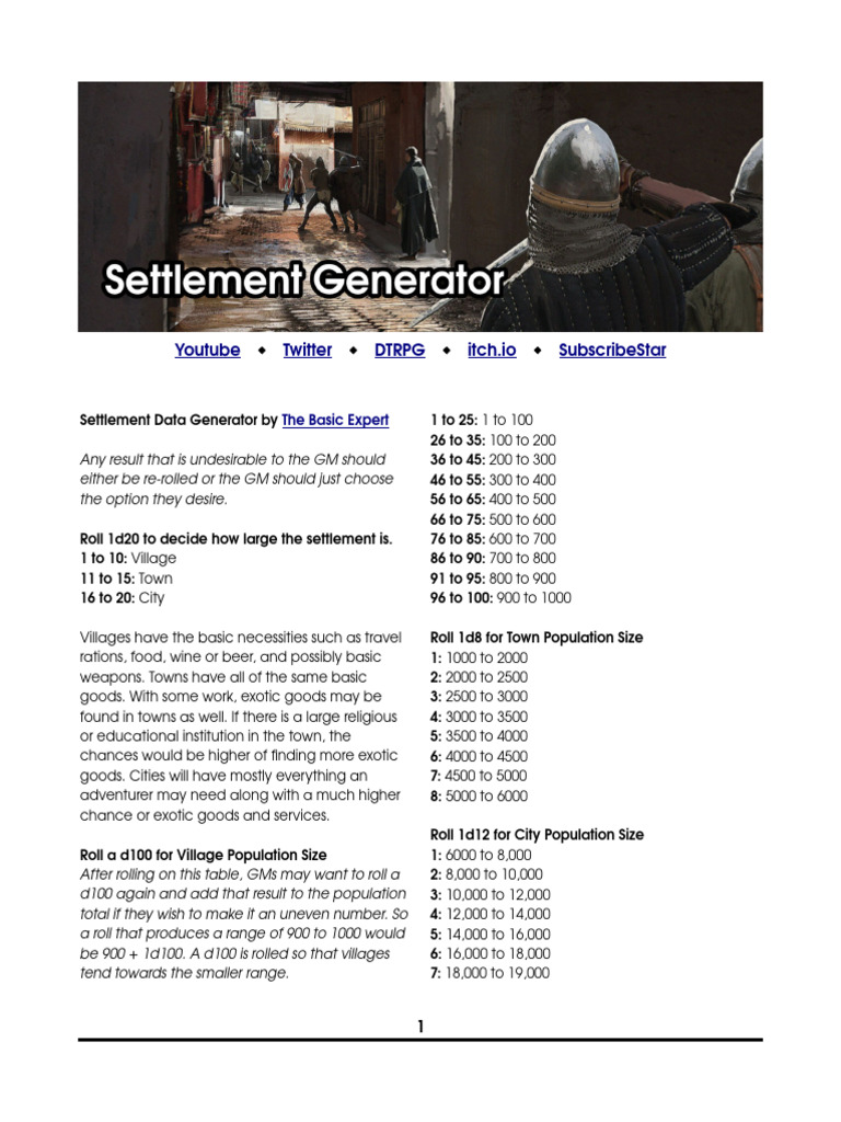 Settlement Data Generator for RPGs | PDF