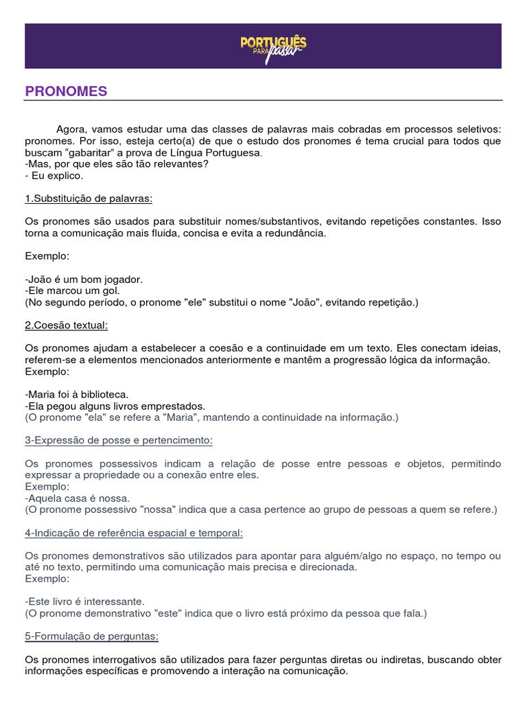 Tipos e Usos de Pronomes na Língua Portuguesa | PDF | Pronome ...