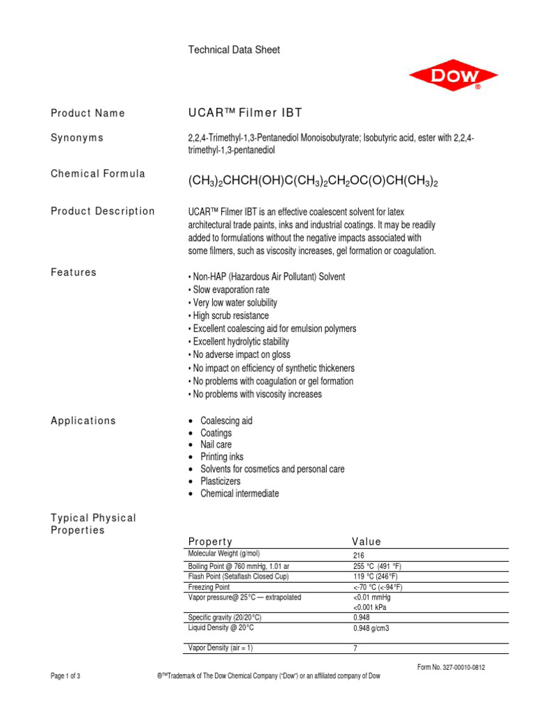 UCAR Filmer IBT Technical Data Sheet | PDF | Solvent | Paint