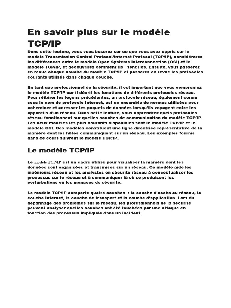 Le Modèle TCP IP | PDF | Protocoles Internet | Suite des protocoles ...