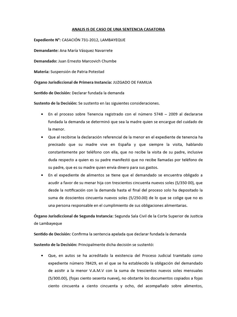 ANÁLISIS DE CASO DE SENTENCIA CASATORIA - CASACIÓN 731-2012, LAMBAYEQUE