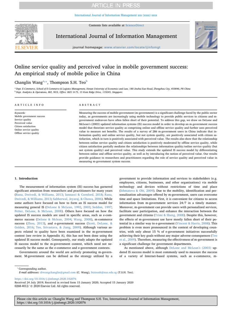 10 1016@j Ijinfomgt 2020 102076 | PDF | E Government | Information