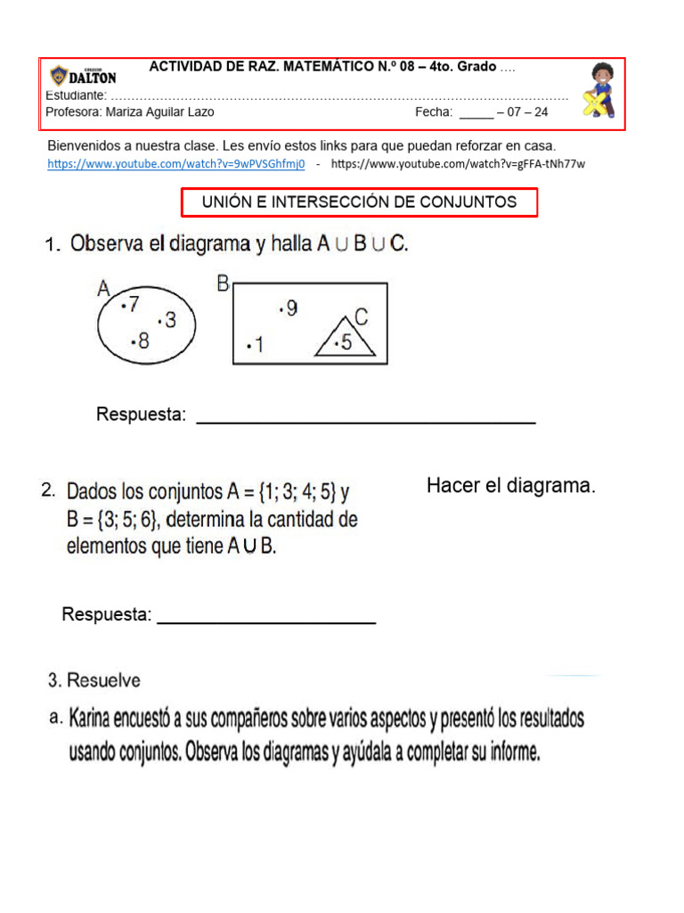 Actividad N 08 R.M. 4 Grado Union e Interseccion de Conjuntos | PDF ...