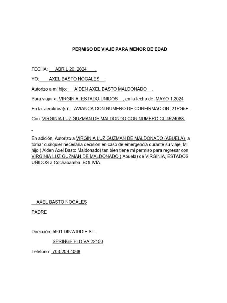 Permiso de Viaje para Menor a EE.UU. | PDF | Derecho