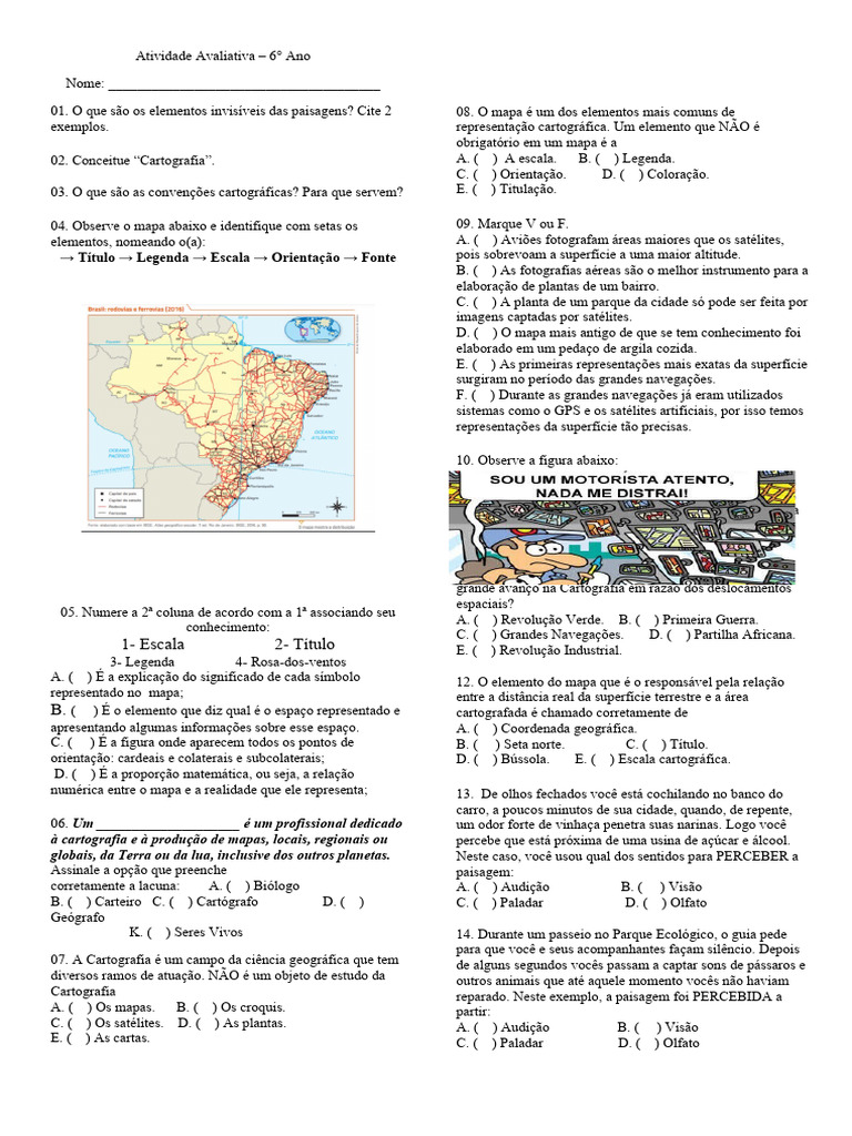Atividade de Cartografia - 6º Ano | PDF | Cartografia | Mapa