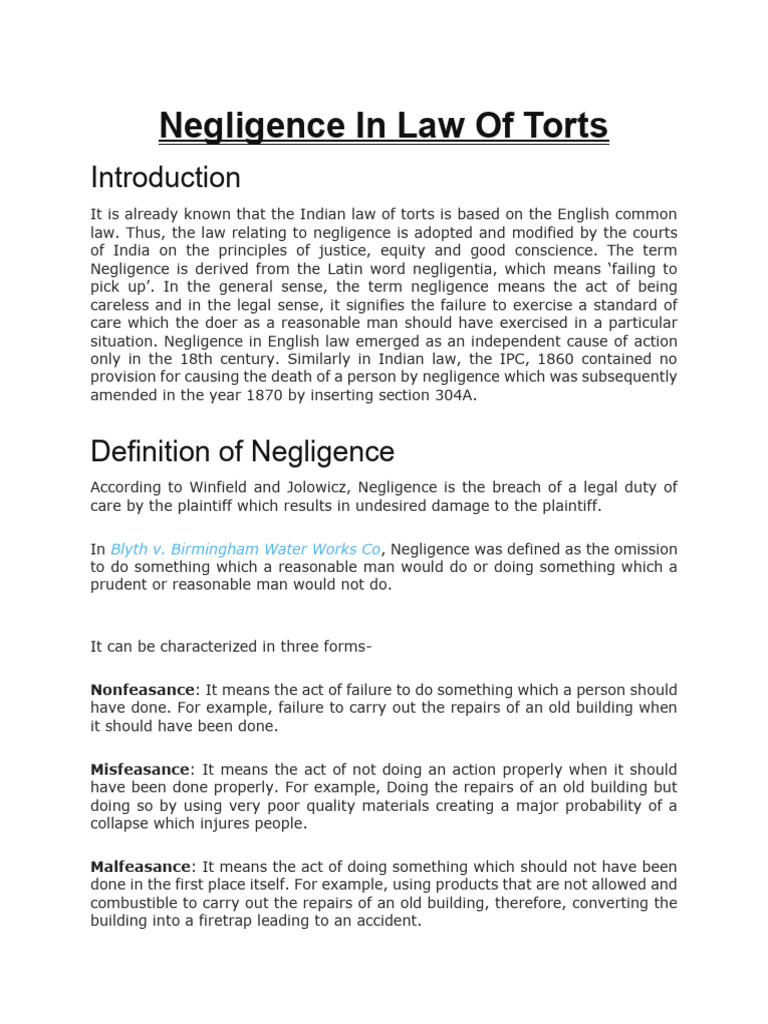 Negligence In Law Of Torts Download Free Pdf Negligence Causation