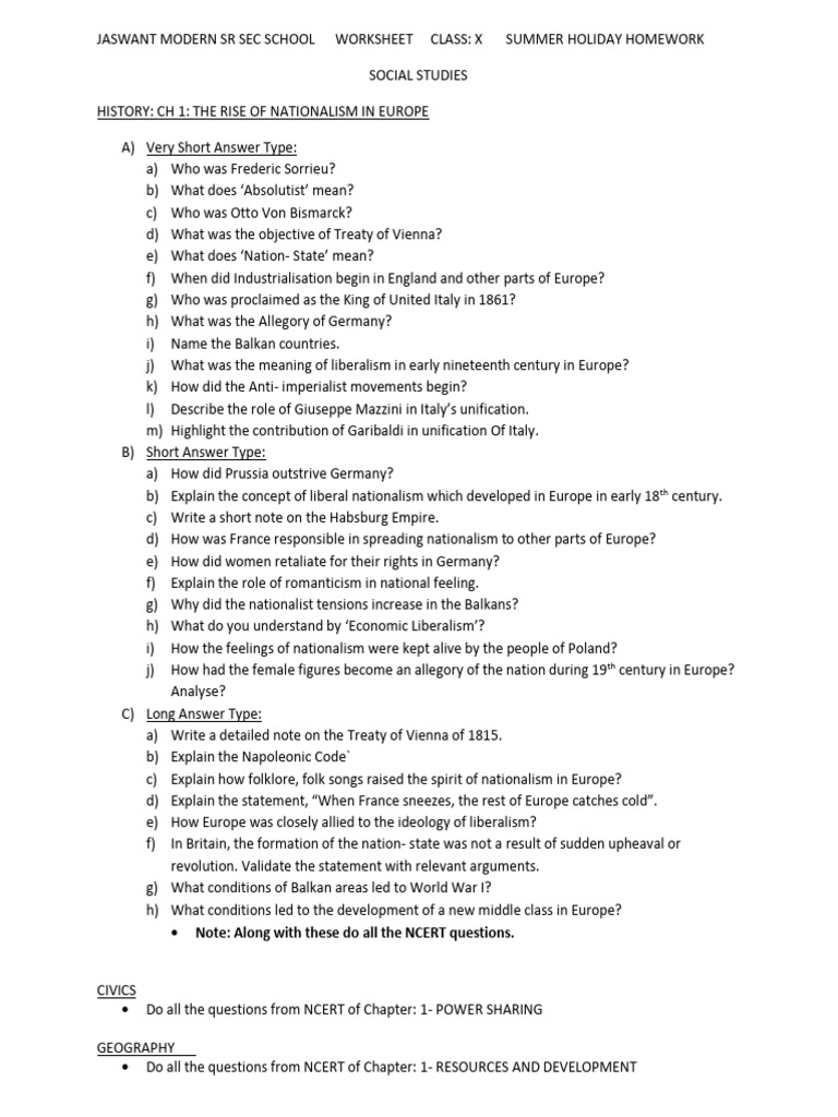 Class X Summer Homework: Social Studies | PDF | Nationalism | Mahatma ...