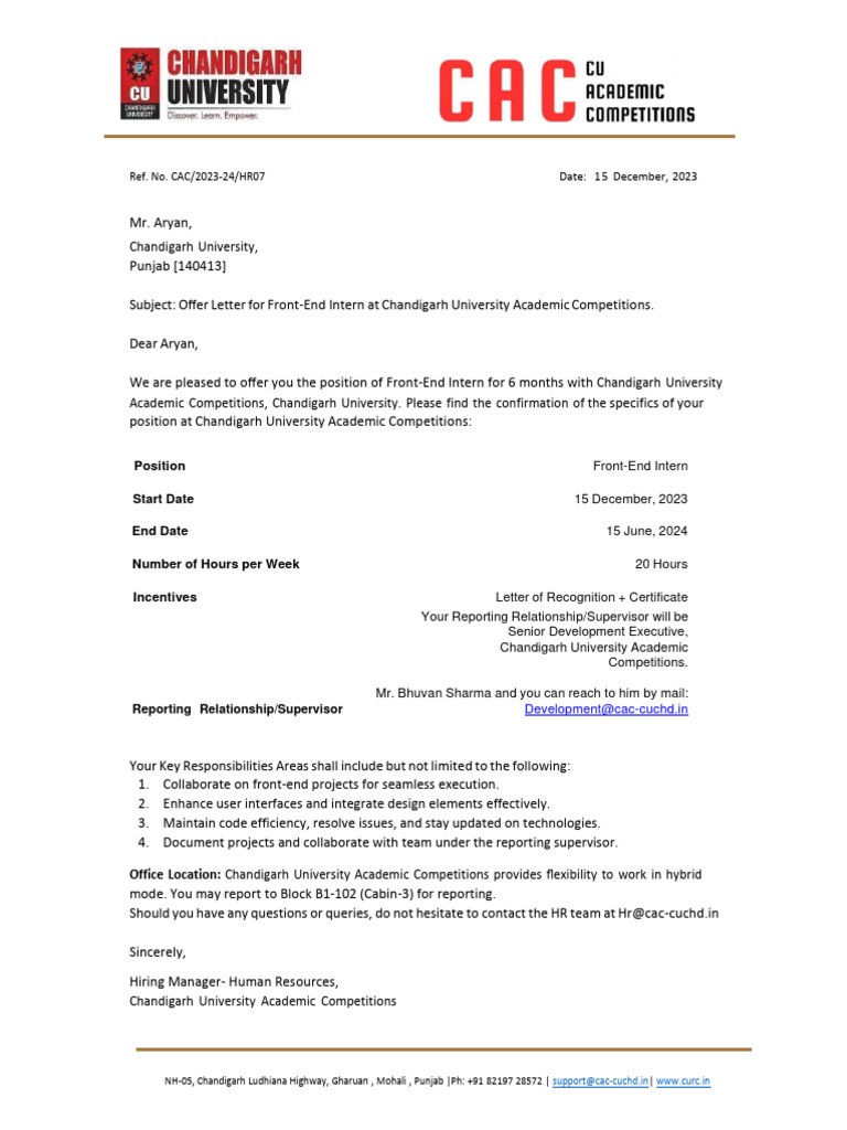 CAC_Offer Letter_Aryan | PDF | Computer Science | Information Technology
