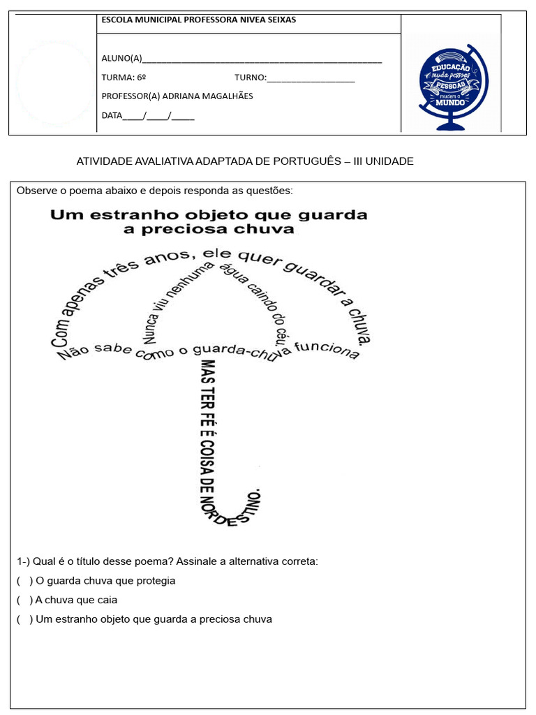 ATIVIDADE AVALIATIVA ADAPTADA DE PORTUGUÊS III UNIDADE 6º ANO | PDF