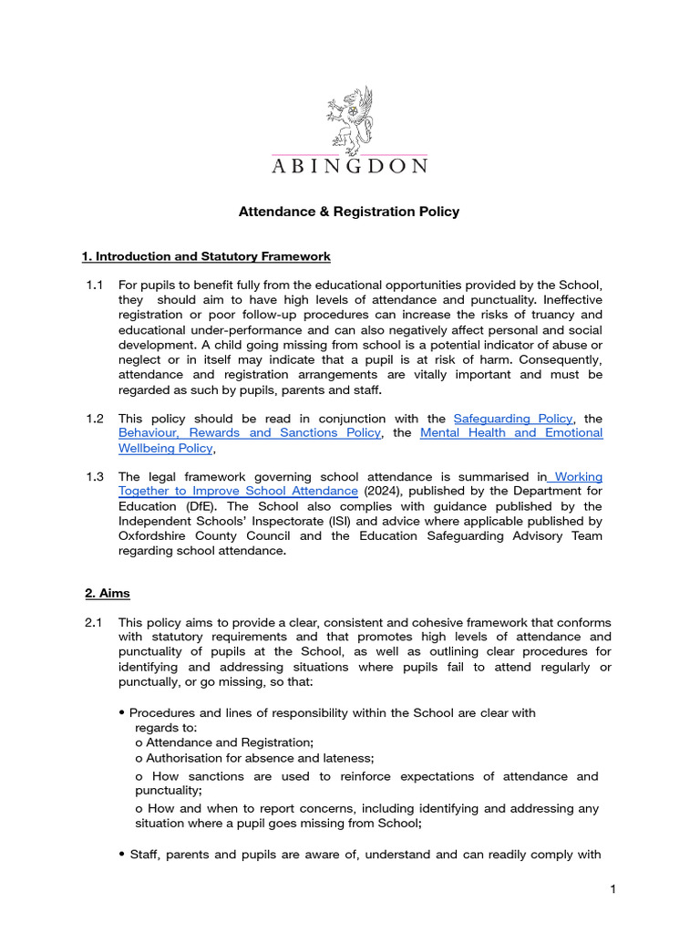 Registration & Attendance Policy June 2024 | PDF | Child Neglect | Justice