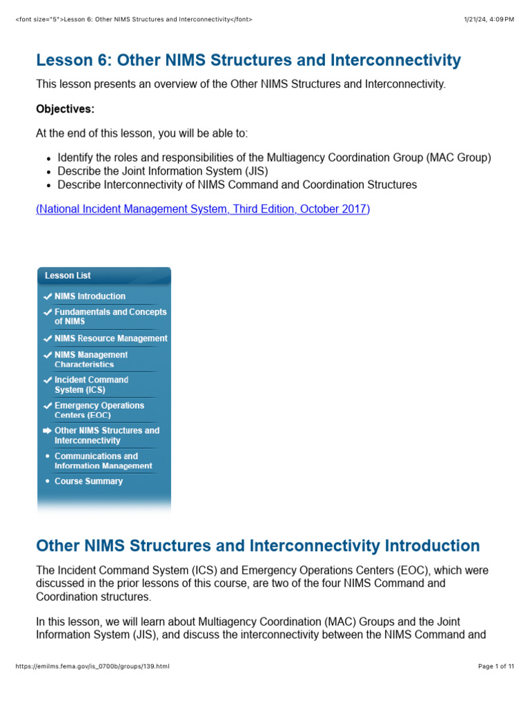 Lession 6 NIMS | PDF | Incident Command System | Civil Defense
