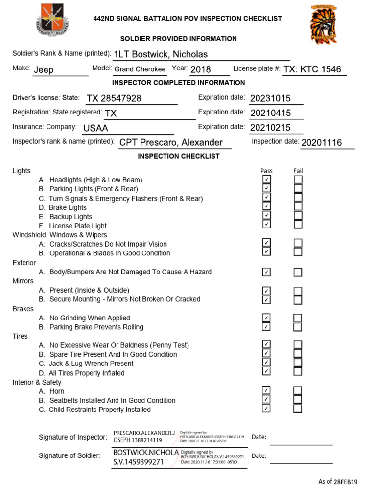 442nd Signal Battalion Vehicle Inspection Checklist | PDF | Vehicle ...