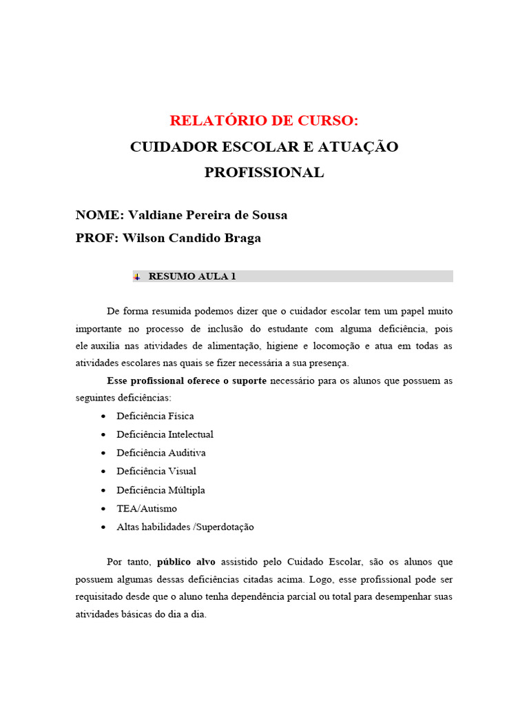 Relatório sobre Cuidador Escolar | PDF | Pedagogia | Deficiência