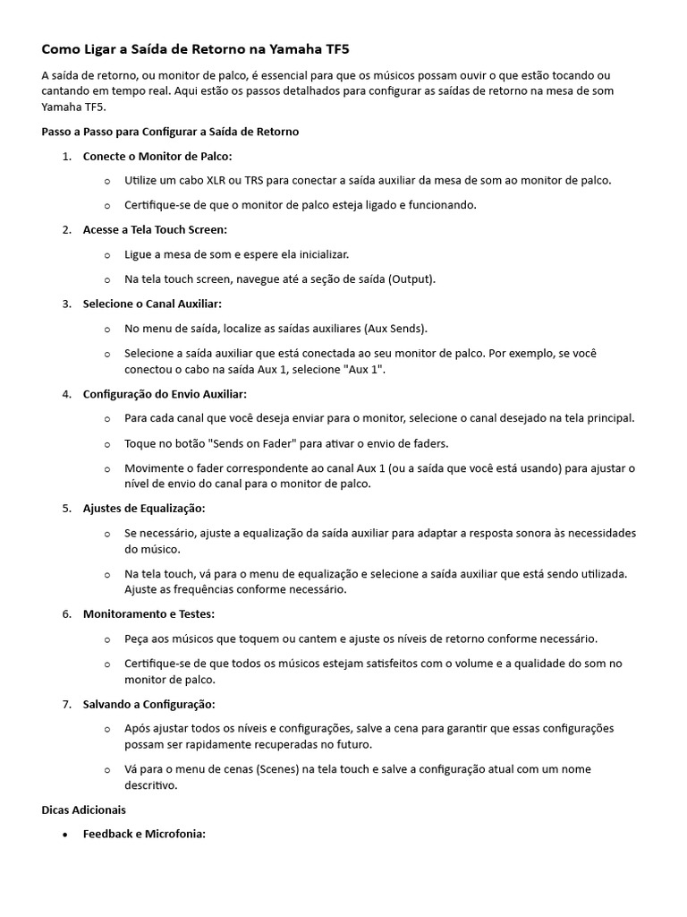 Como Ligar A Sa da De Retorno Na Yamaha TF5 Download Gr tis PDF 