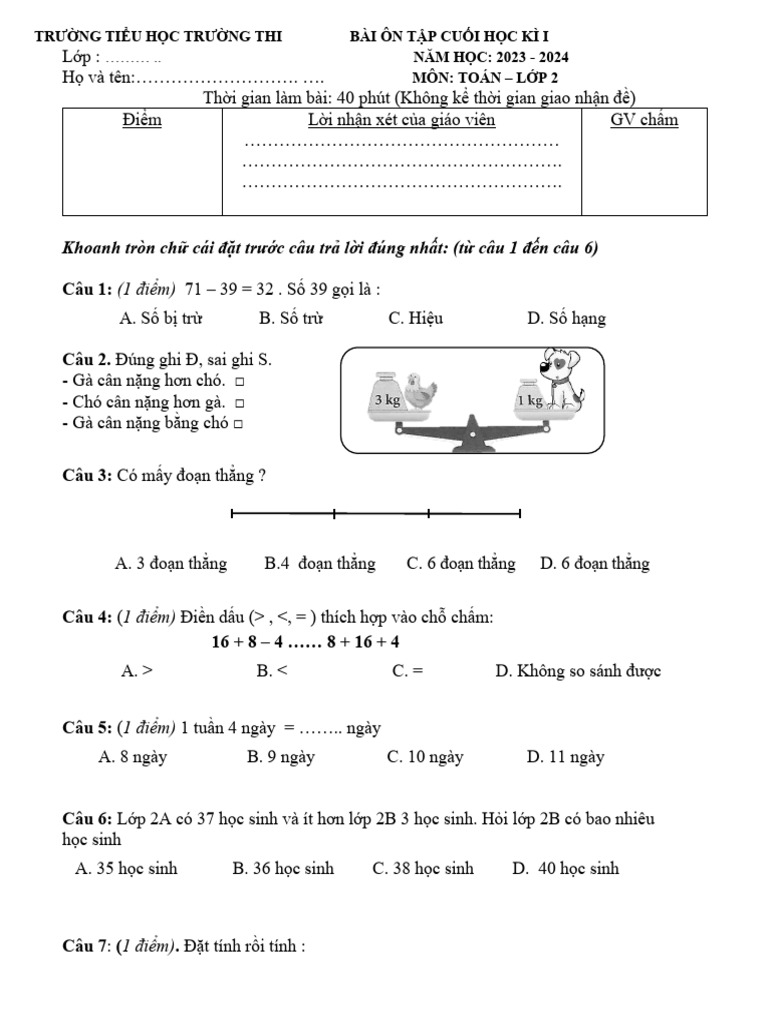Toán Kì 1 | PDF