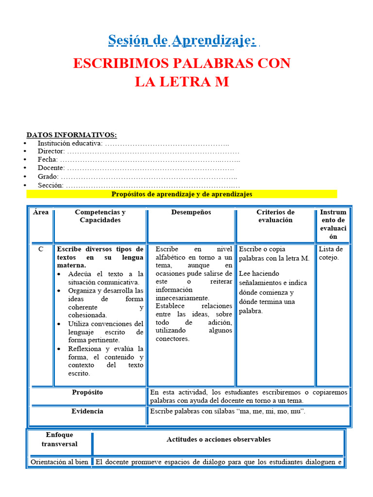 Escribimos Palabras con la Letra M | PDF | Evaluación