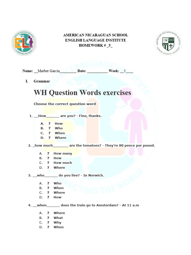 WH Question Words Exercises | PDF | Foreign Language Studies | Home ...