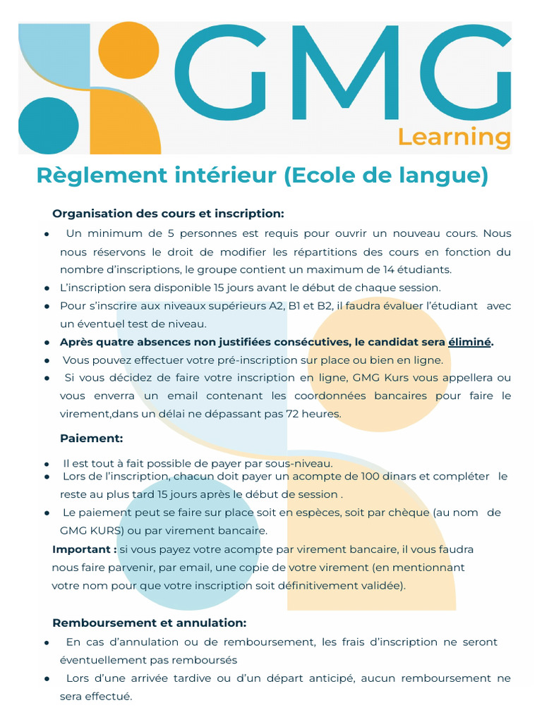 Règlement intérieur des cours de langue | PDF
