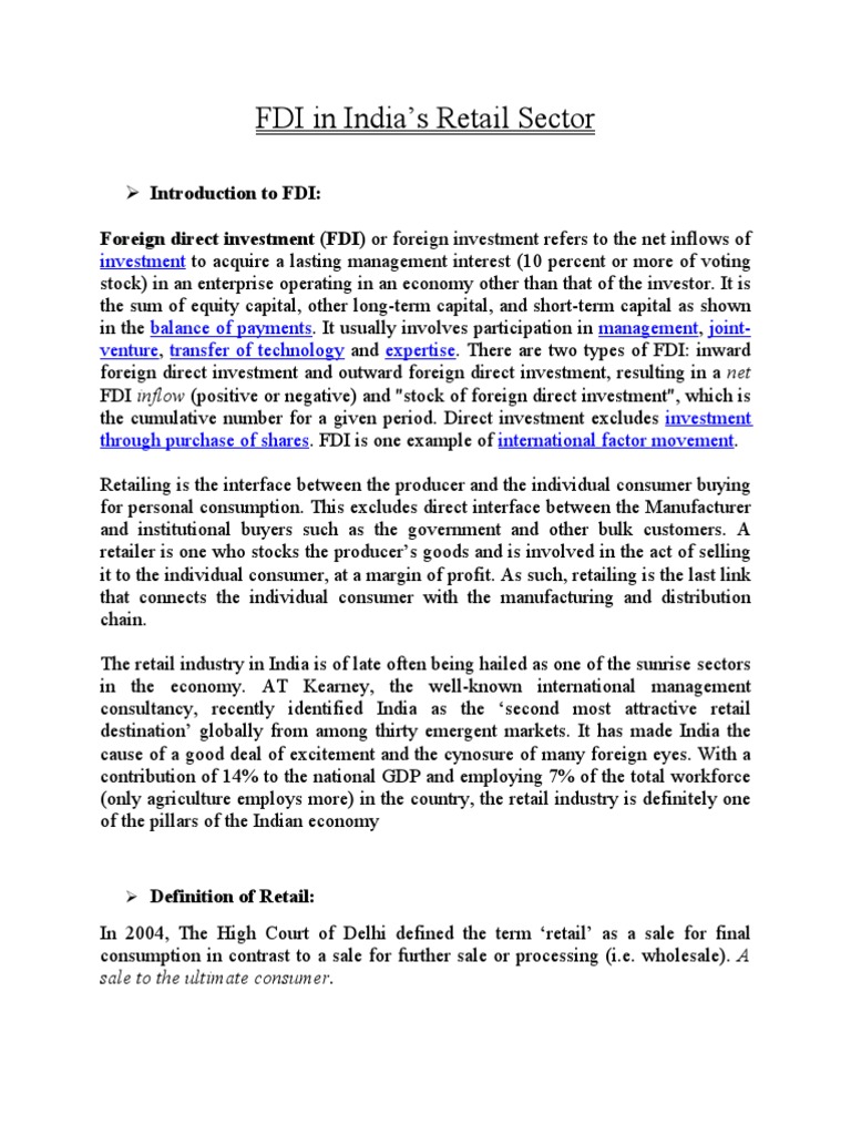 FDI Regulations in India's Retail Sector | PDF | Foreign Direct ...