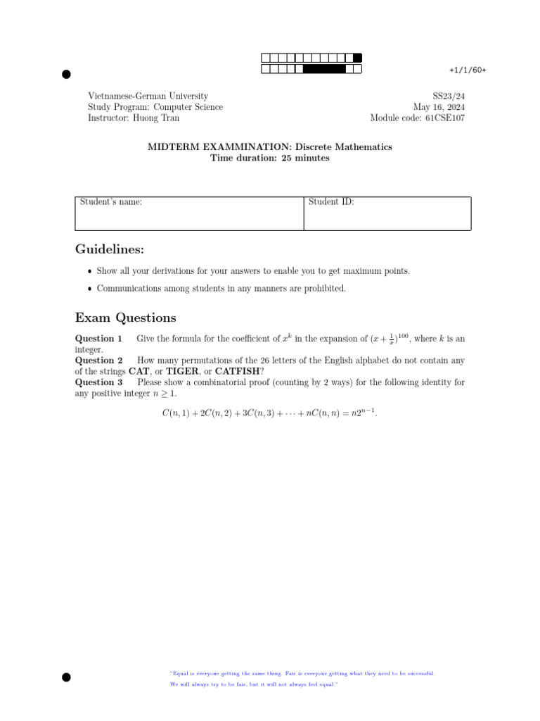 Discrete Mathematics Midterm Exam | PDF | Numbers | Equations