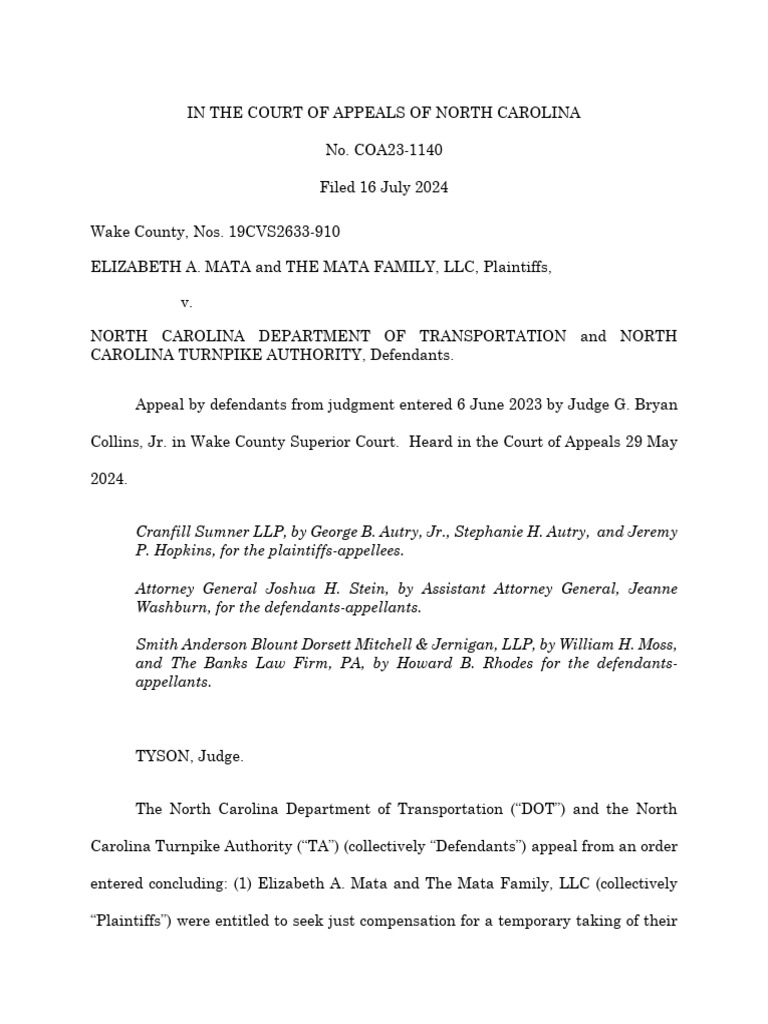 Mata v n c dep t of transportation no coa23 1140 1 n c app july