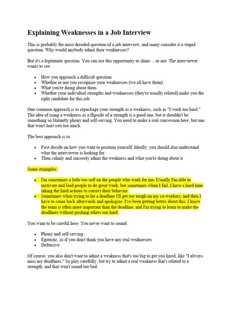 Explaining Weaknesses in A Job Interview | PDF | Job Interview | Question