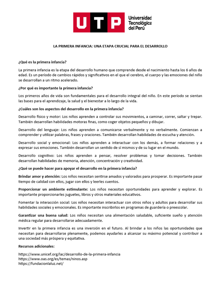 Importancia de la Primera Infancia | PDF | Las emociones | Aprendizaje