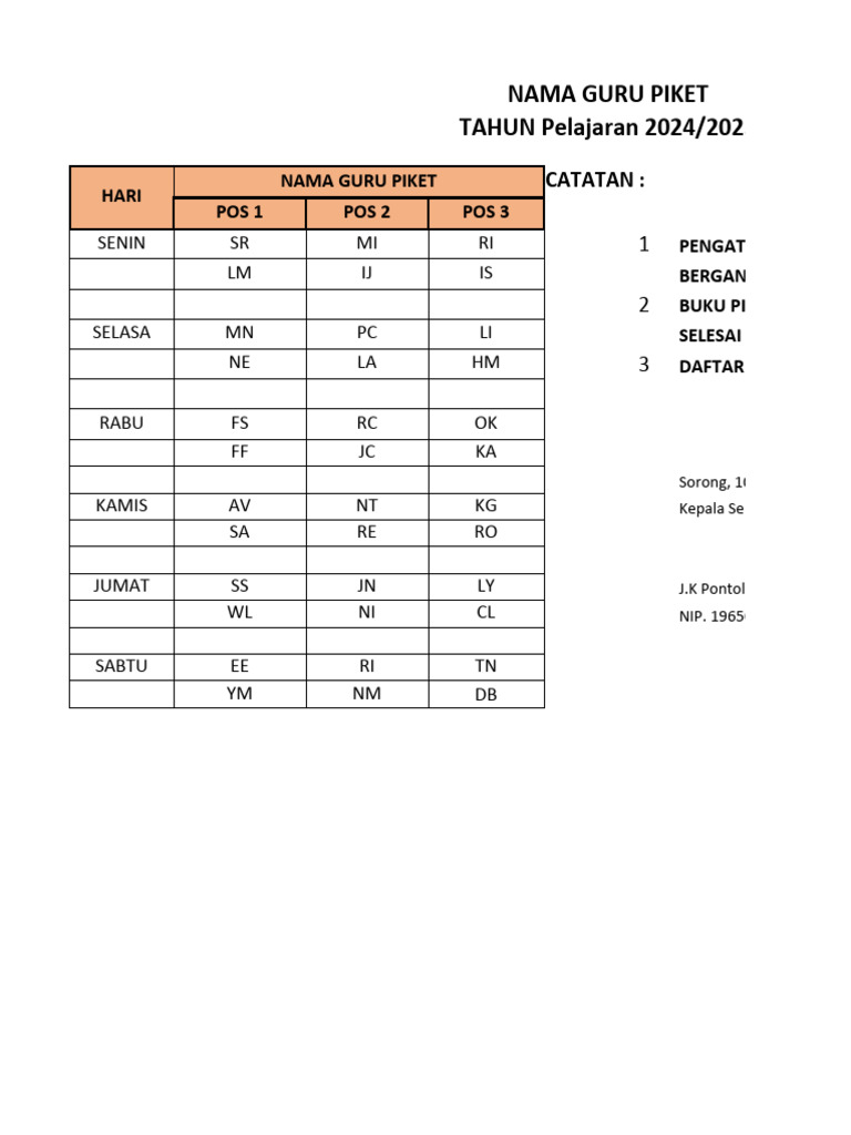 Piket Dan Roster KBM 2024-2025 Ganjil-1 | PDF