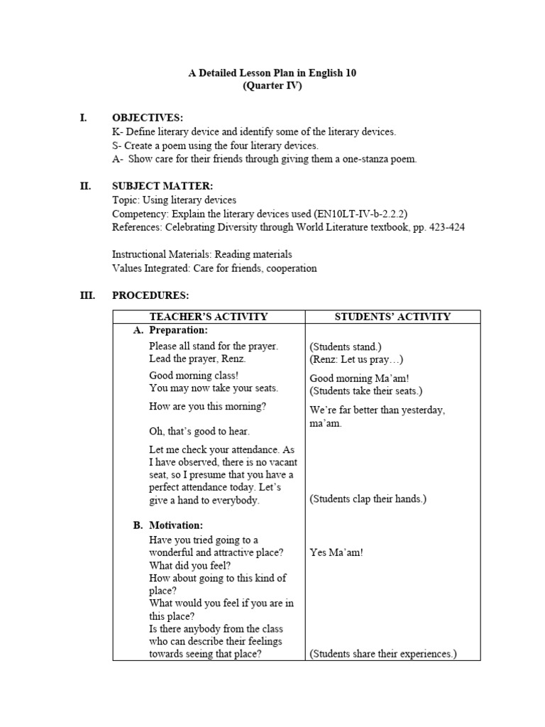 Lesson Plan in English 10 | PDF | Poetry | Metaphor