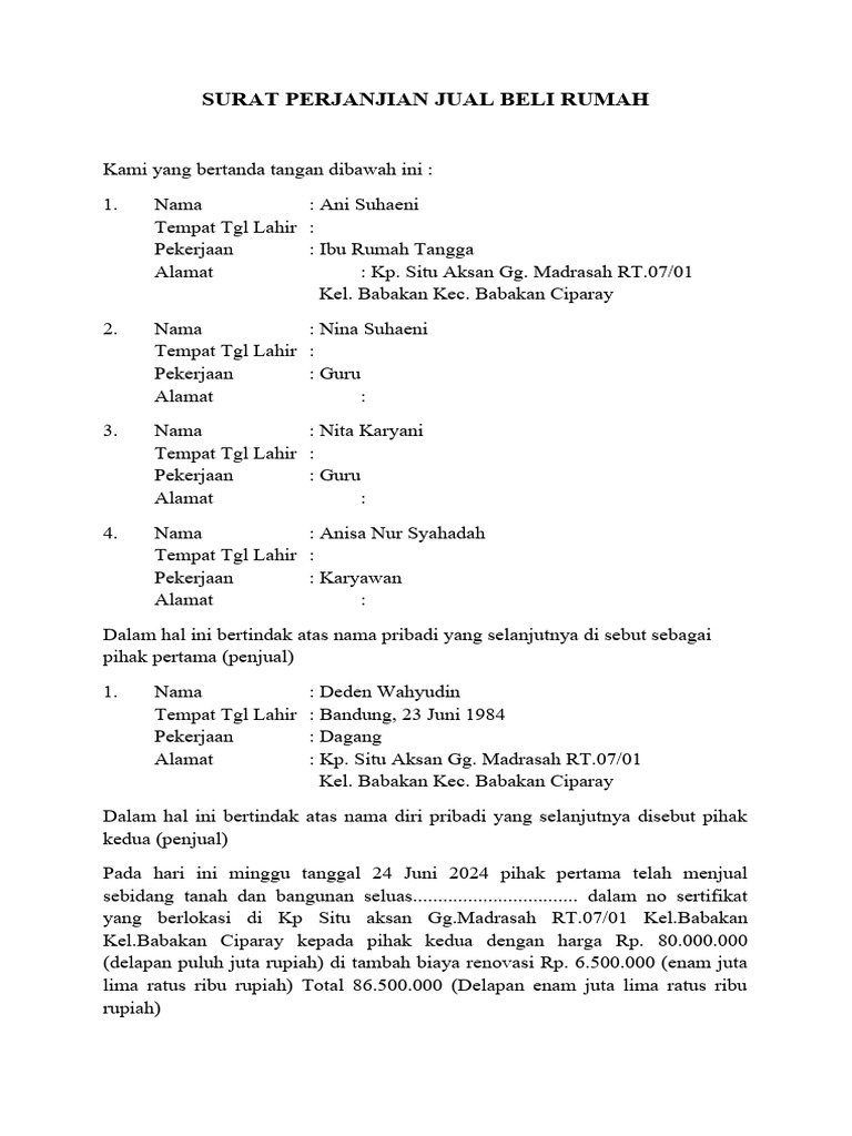Surat Perjanjian Jual Beli Rumah | PDF