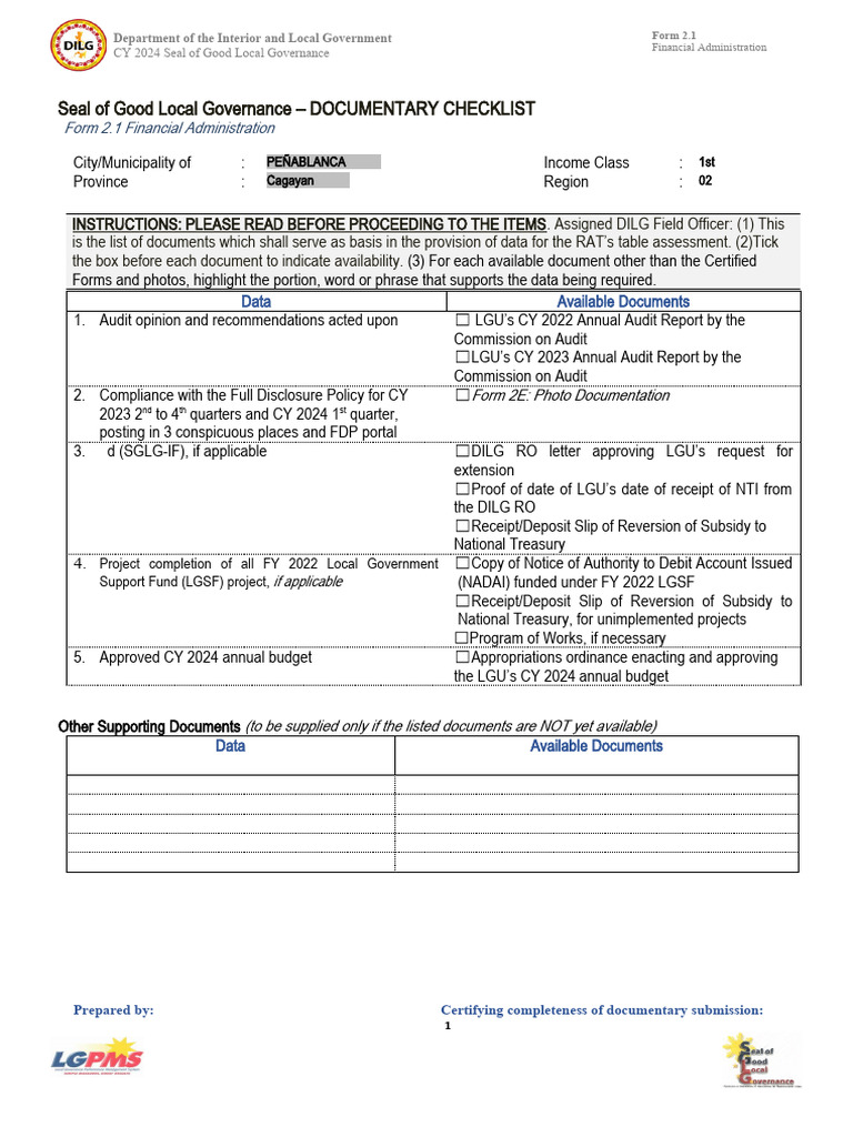2024 Seal of Good Local Governance Checklist | PDF | Audit | Auditor's ...