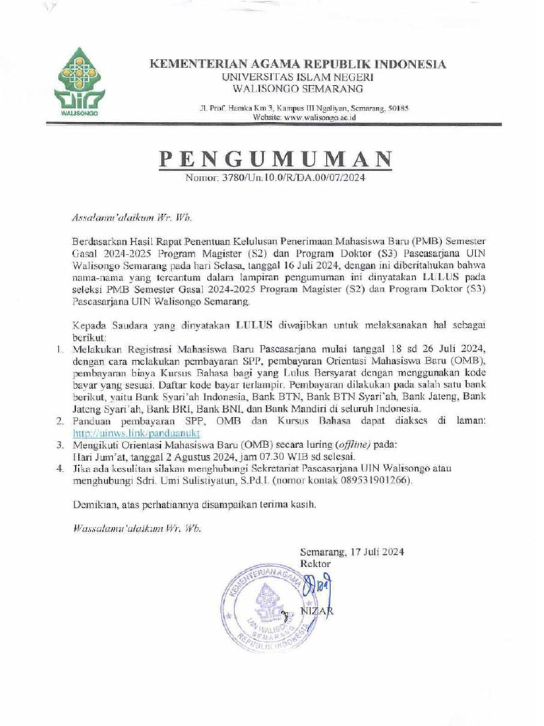 Pengumuman Hasil Tes Masuk S2 Ut