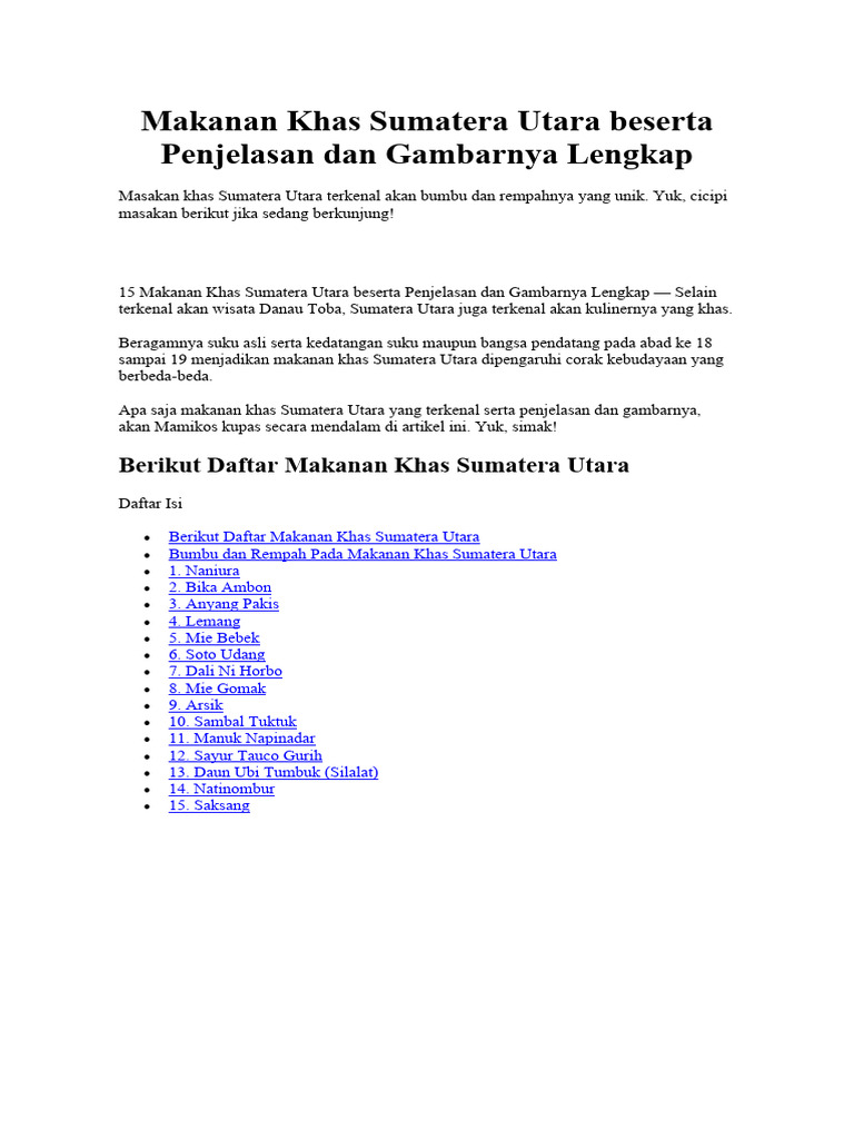 Makanan Khas Sumatera Utara Beserta Penjelasan Dan Gambarnya Lengkap | PDF