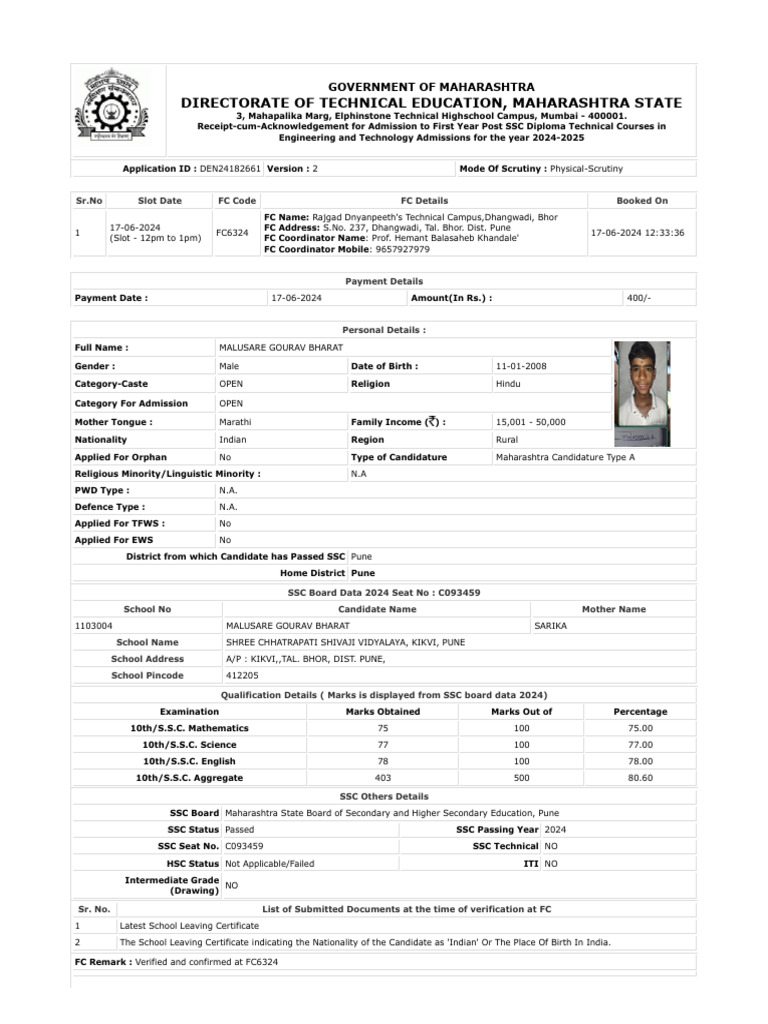 ReceiptcumAcknowledgement for First Year Post SSC Diploma Technical