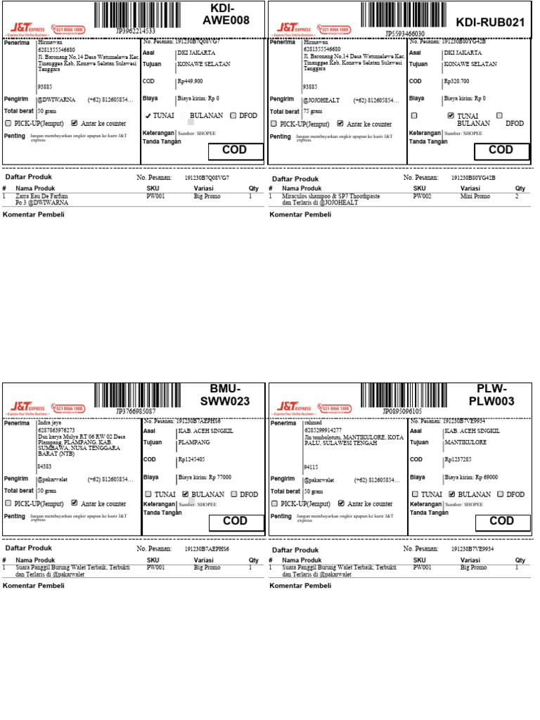 Contoh Resi J&T dan Informasi Pengiriman | PDF