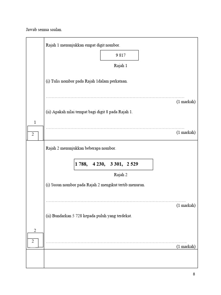 Soalan Matematik Tahun 3 Pertengahan Tahun 2024 Kertas 2 | PDF
