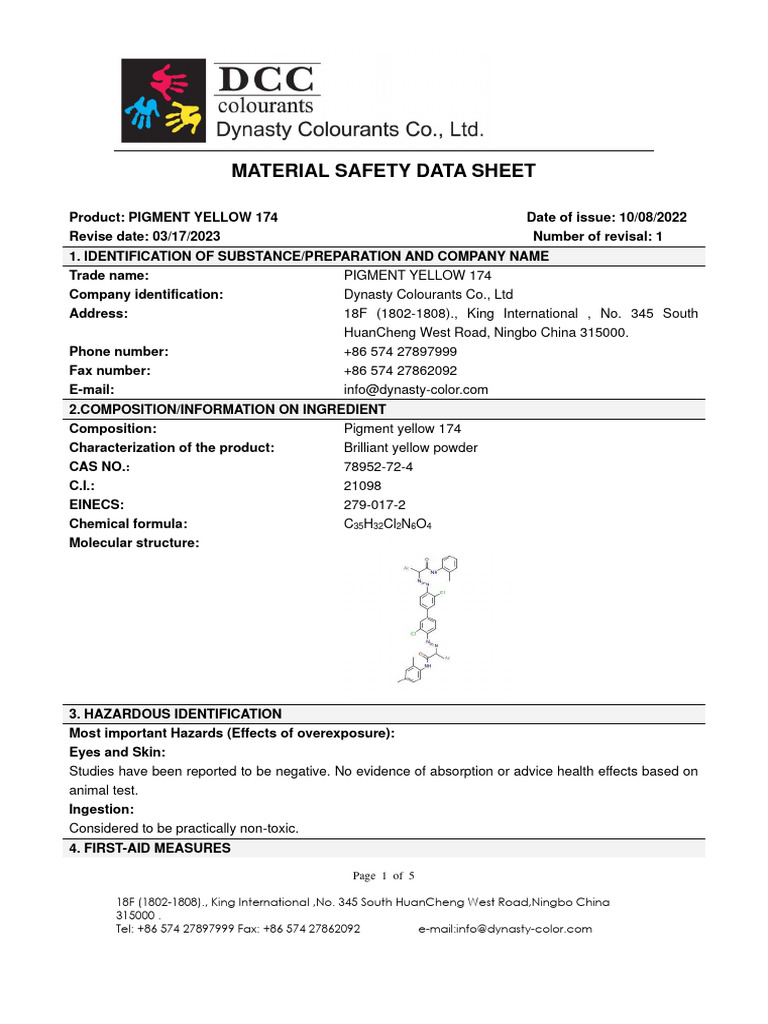 Safety Data for Pigment Yellow 174 | PDF | Personal Protective ...