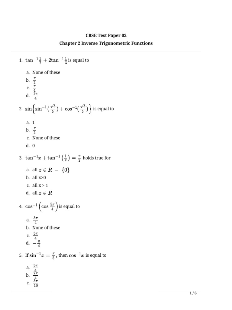 Inverse Trigonometric Functions Test | PDF
