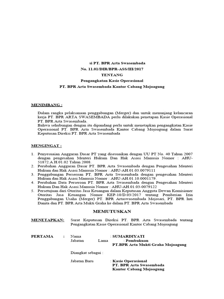 Pengangkatan Kasie Operasional BPR Arta | PDF