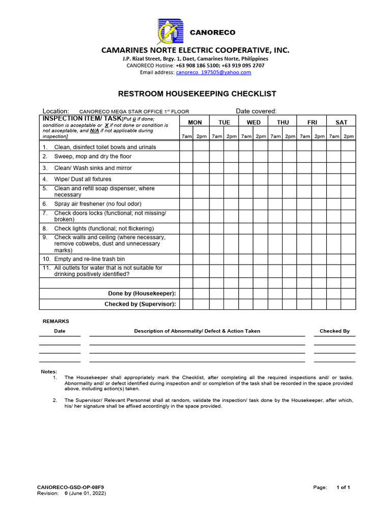 CANORECO-GSD-OP-08F9, Restroom Housekeeping Checklist | PDF ...