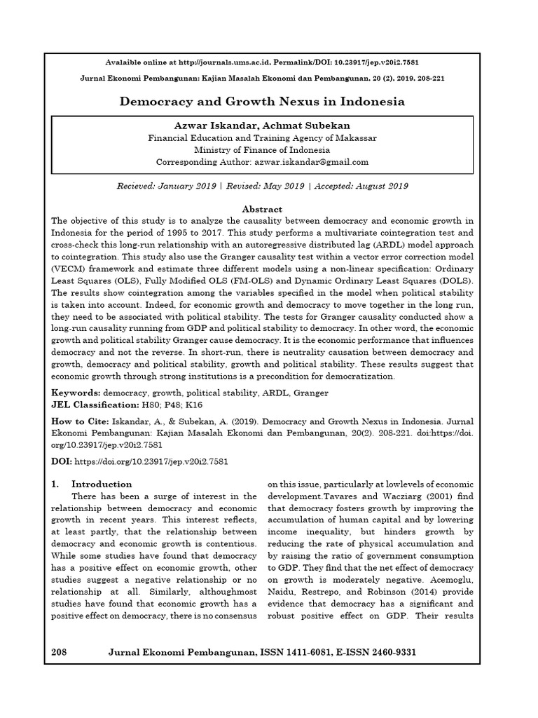 Democracy and Growth Nexus in Indonesia | PDF | F Test | Economic Growth