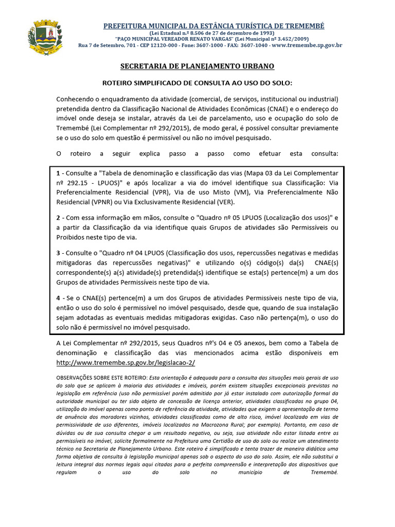 Roteiro Simplificado De Consulta Ao Uso Do Solo Pdf