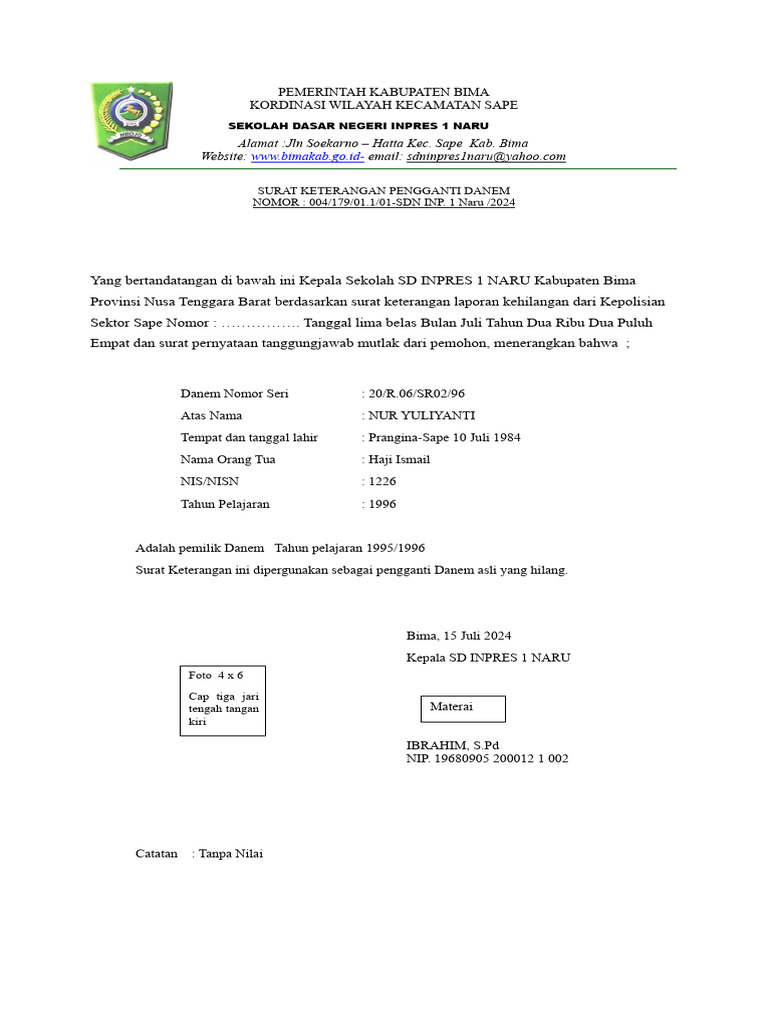 Surat Keterangan Pengganti Danem SD | PDF